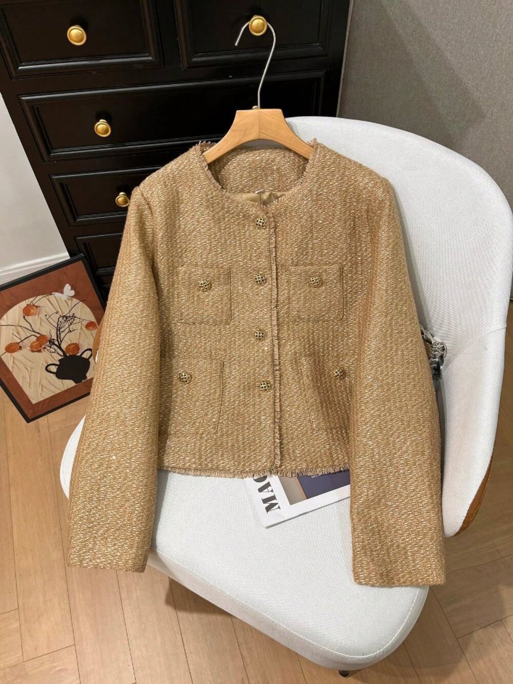 Khaki Elegant Casual Women's Loose metallic shimmer Tweed Jacket - Picture 3 of 6